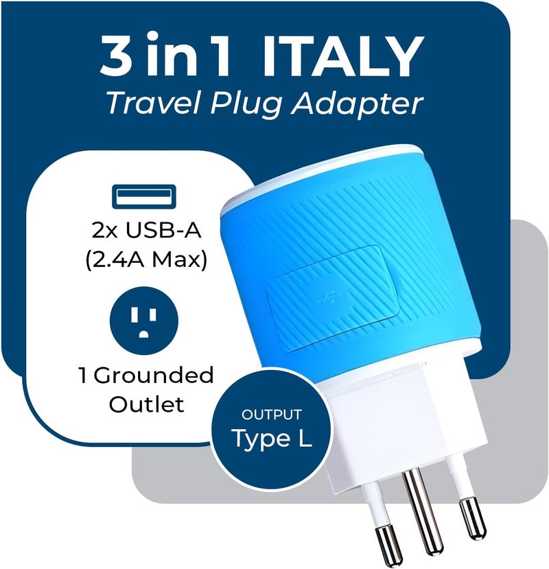 OREI Italy, Uruguay Travel Plug Adapter with Dual USB - Type L (U2U-12A), Will Work with Cell Phones, Camera, Laptop, Tablets, iPad, iPhone and More, Blue - Image 2